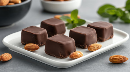 A Delicious dark chocolate squares with almonds on white plateの素材