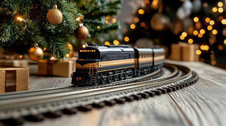 A festive holiday scene with Christmas train set running around decorated treeの素材