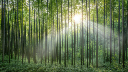 A serene bamboo forest with sunlight filtering through tall treesの素材