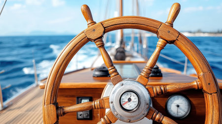 A close up of ship wheel and navigation instruments on boatの素材