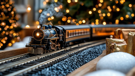 A festive holiday scene featuring Christmas train set running through cozy settingの素材