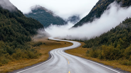 A winding mountain road surrounded by fog and lush greenery creates serene atmosphereの素材