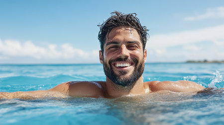 A man enjoying refreshing swim under clear sky, radiating joyの素材