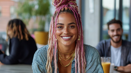 A Smiling woman with colorful hair in cafe, enjoying creative atmosphereの素材
