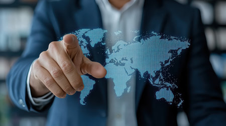 A leader pointing at holographic world map, showcasing global connections and innovationの素材