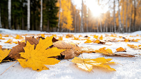 A Golden autumn leaves on snow in serene forest landscapeの素材