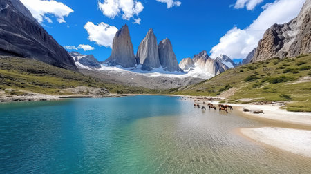 A stunning view of Torres del Paine National Park with mountains and horsesの素材