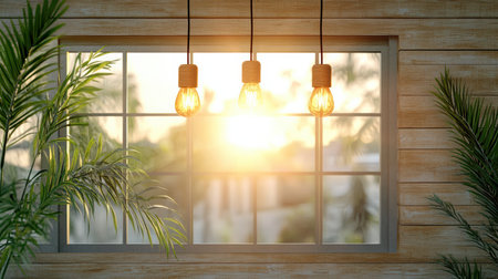 A serene window view with warm sunlight and hanging light bulbsの素材