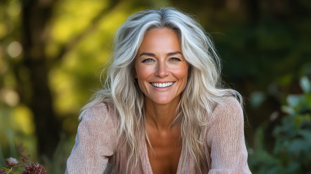 A Smiling woman with long, wavy hair in natural outdoor setting, radiating joyの素材