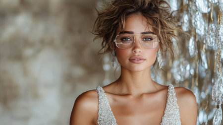 A glamorous woman in sparkling gown with stylish glasses, exuding eleganceの素材