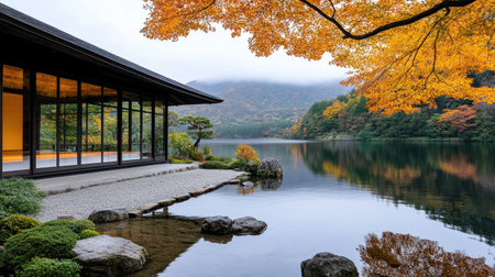 A tranquil autumn scene in Japan with fiery maple leaves reflecting on lakeの素材