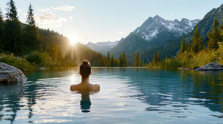 A woman enjoying morning swim in serene mountain lake surrounded by natureの素材
