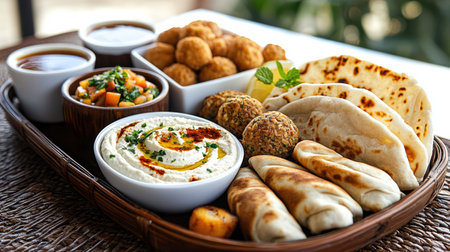 A traditional Egyptian breakfast spread featuring fresh pita, dips, and savory dishesの素材