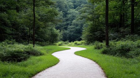 A winding dirt path through tranquil green forest invites explorationの素材