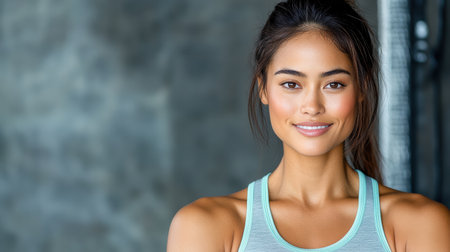 A Confident woman in sports bra smiling, showcasing fitness and healthの素材