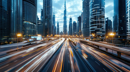 A bustling cityscape with skyscrapers and light trails from trafficの素材