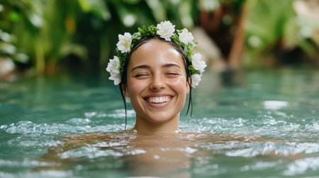 A woman enjoying refreshing swim in serene natural settingの素材