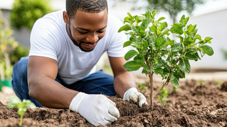 A man planting young tree in garden, promoting environmental careの素材