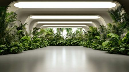 A modern botanical garden with lush greenery and bright lightingの素材