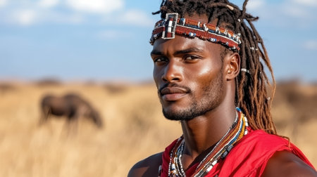 A Maasai warrior standing tall in traditional red attire, showcasing cultural pride and strengthの素材