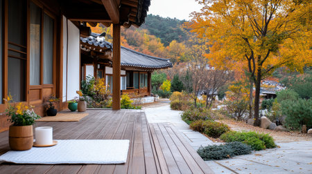 A serene hanok village in Seoul with traditional wooden architecture and autumn foliageの素材
