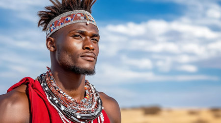 A Traditional Maasai warrior in red attire with intricate jewelryの素材