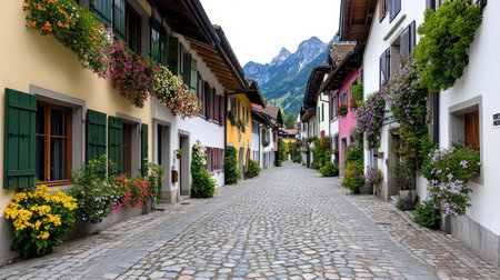 A Charming Swiss village with colorful houses and cobblestone streetの素材