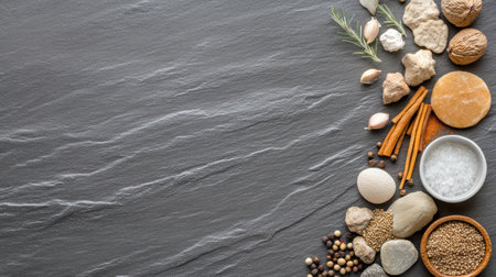 A creative composition of spices and herbs arranged on dark surfaceの素材