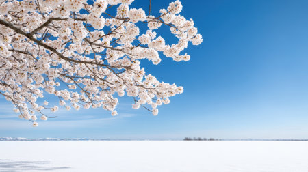 A stunning cherry blossom tree in full bloom against clear blue skyの素材