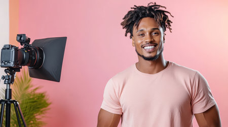 A content creator smiling confidently in front of camera setupの素材