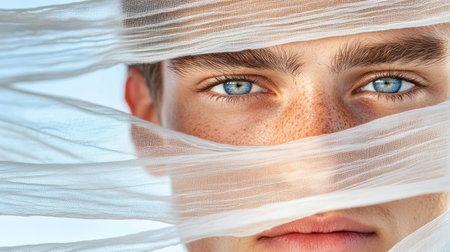 A close up portrait of young man with striking blue eyes partially obscured by sheer fabricの素材