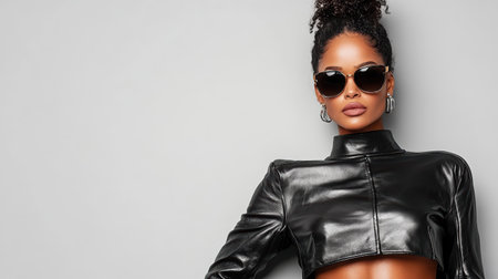 A confident woman in stylish black leather top and sunglassesの素材