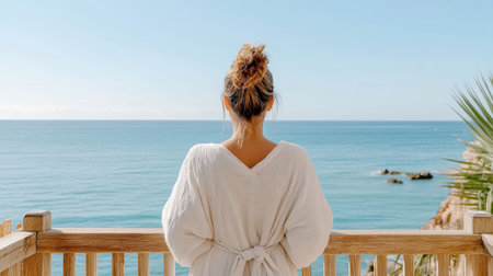 A woman in luxurious robe gazes at serene ocean viewの素材