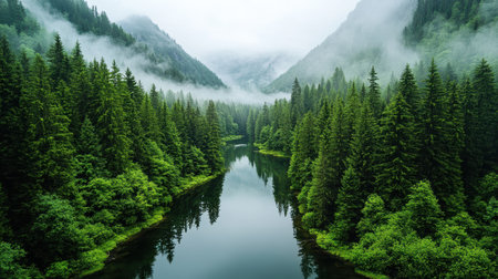 A serene lake reflecting dense forest, surrounded by misty mountainsの素材