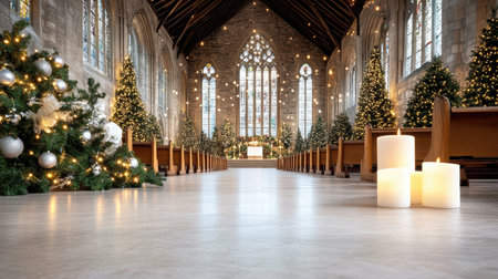 A beautifully decorated church for traditional Christmas service, featuring trees and candlesの素材