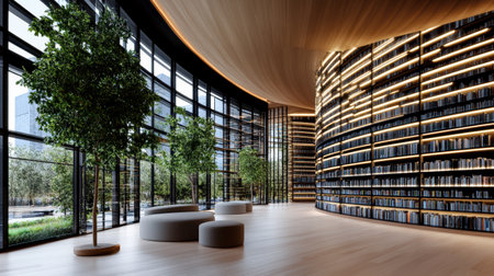 A modern library with large windows, bookshelves, and greeneryの素材
