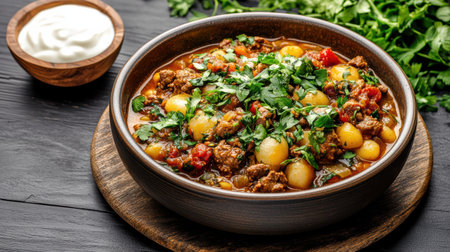 A warm bowl of homemade stew with fresh herbs and vegetablesの素材