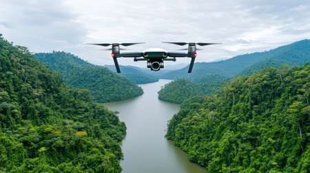 A drone flying over lush jungle river, capturing wildlife and natureの素材