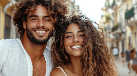 A Joyful couple smiling together in vibrant street setting, showcasing happiness and connectionの素材