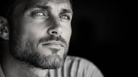 A cinematic black and white portrait of man with intense expressionの素材