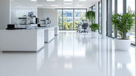 A clean and modern pharmaceutical lab with bright windows and greeneryの素材