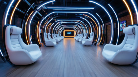 A Futuristic esports arena with neon lights and sleek seating designの素材