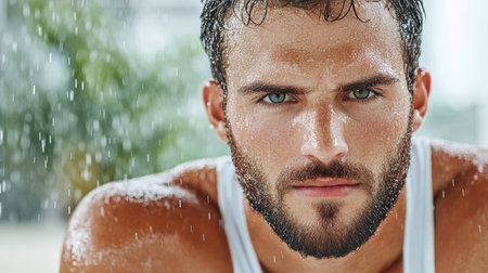 A Determined athlete with sweat glistening on his face, showcasing intensityの素材