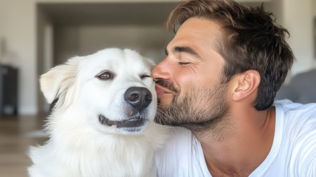 A man kisses his dog, showcasing their loving bond and joyの素材