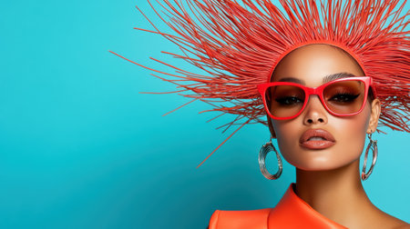 A high fashion portrait of model with striking red hair and sunglassesの素材
