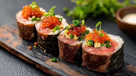A Handcrafted Wagyu beef sushi rolls topped with vibrant fish roe and herbsの素材