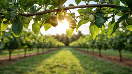 A serene orchard with tree full of plums and soft sunlight shining throughの素材