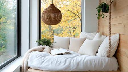 A cozy reading nook with soft pillows, warm light, and peaceful viewの素材