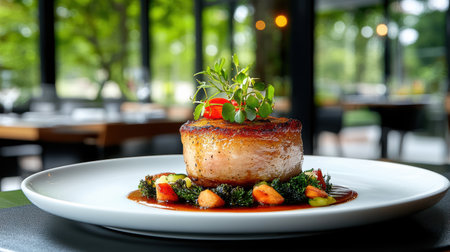 A beautifully plated dish featuring succulent piece of meat, garnished with fresh herbs andの素材