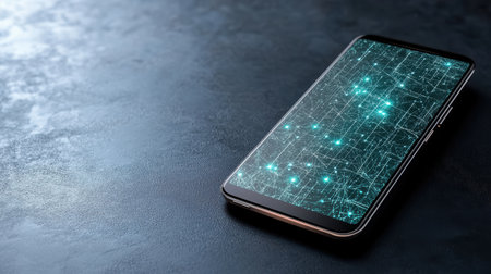 A futuristic smartphone displaying highly interactive digital interfaceの素材